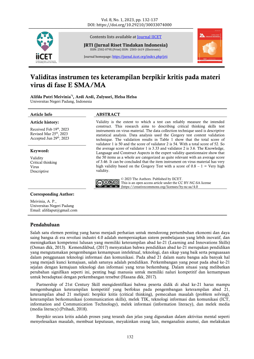 Pdf Validitas Instrumen Tes Keterampilan Berpikir Kritis Pada Materi Virus Di Fase E Smama 4424