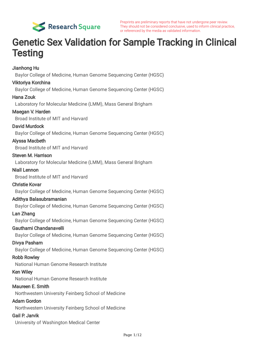 Pdf Genetic Sex Validation For Sample Tracking In Clinical Testing 1057