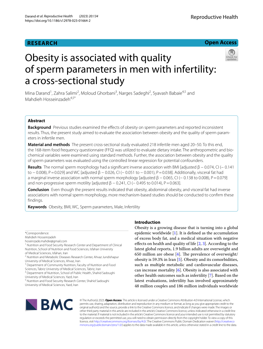 PDF) Obesity is associated with quality of sperm parameters in men with infertility a cross-sectional study