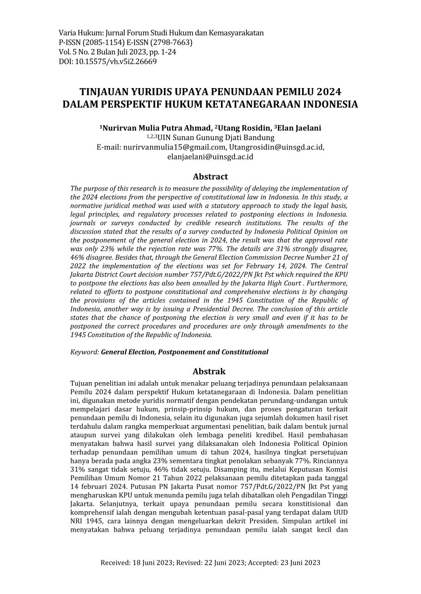 Pdf Tinjauan Yuridis Penundaan Pemilu Dalam Perspektif Ketatanegaraan