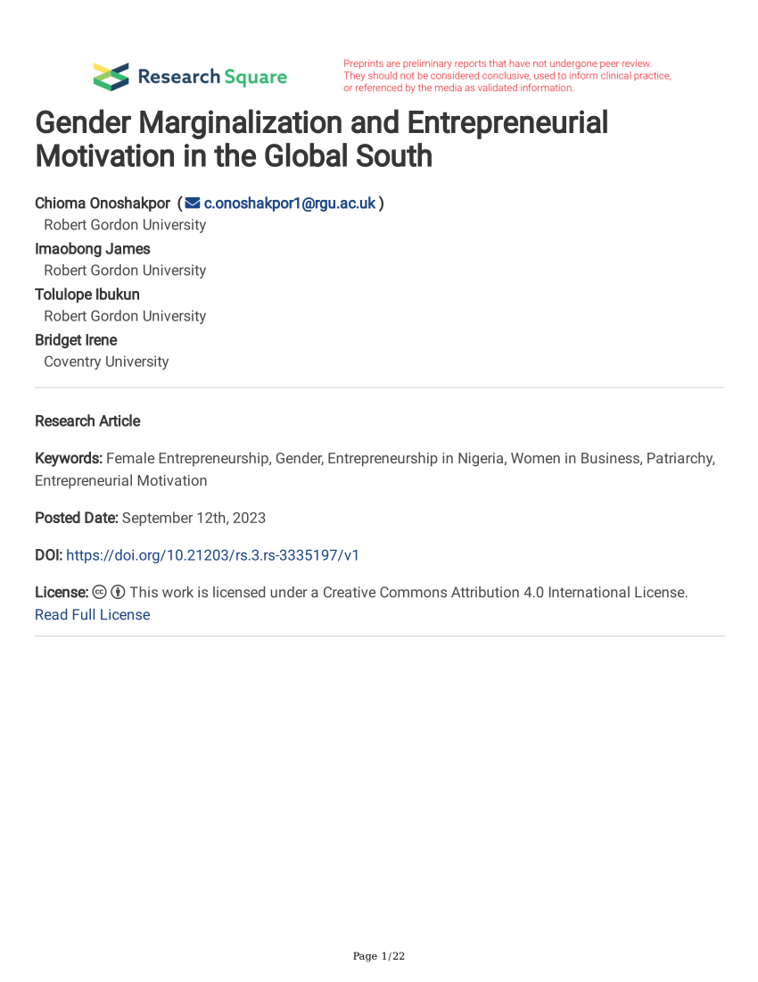 PDF) Gender Marginalization and Entrepreneurial Motivation in the Global  South