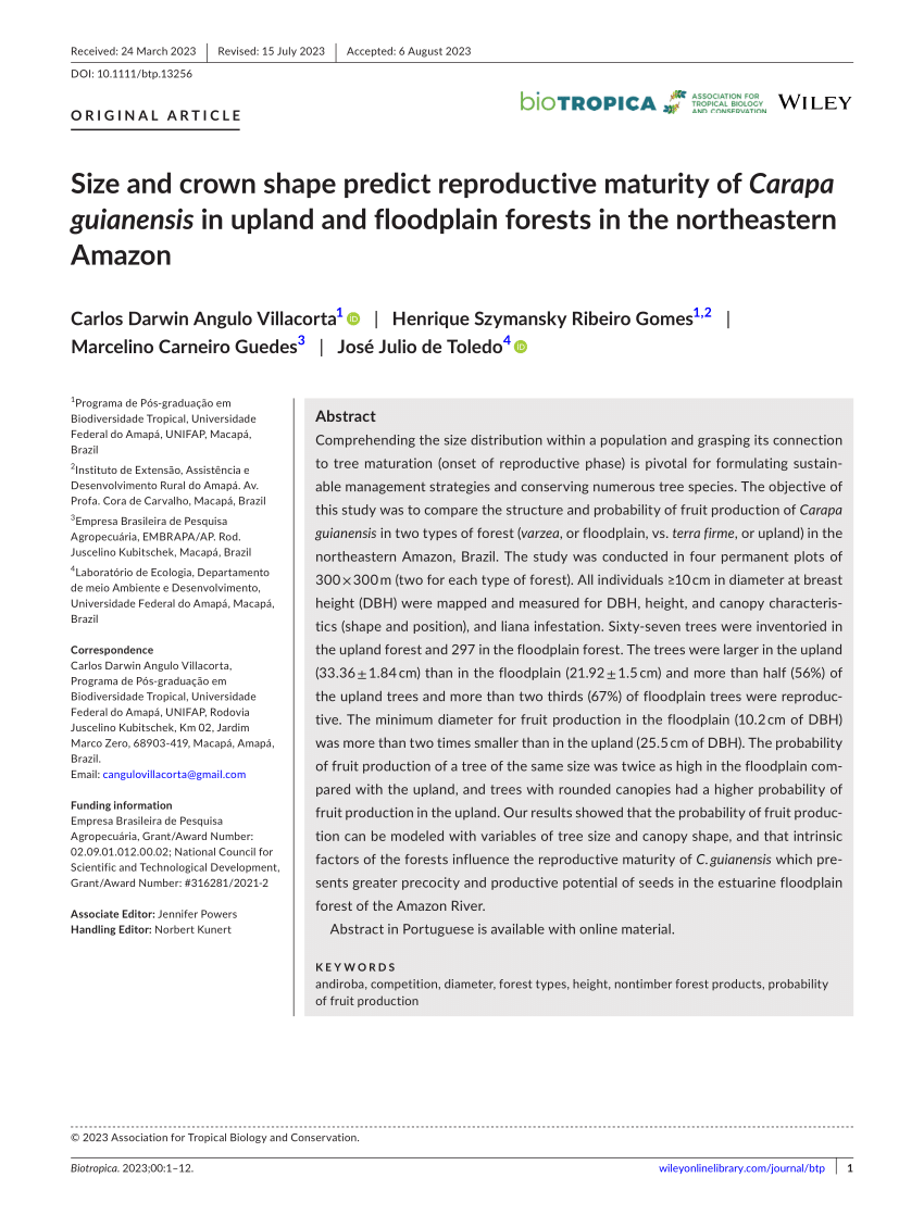 Size and crown shape predict reproductive maturity of Carapa guianensis in  upland and floodplain forests in the northeastern  - Angulo  Villacorta - Biotropica - Wiley Online Library