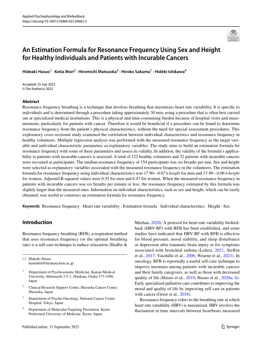 Pdf An Estimation Formula For Resonance Frequency Using Sex And Height For Healthy Individuals 2020