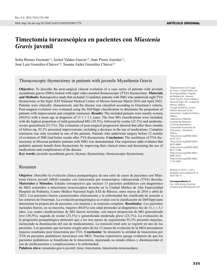 Pdf Timectomía Toracoscópica En Pacientes Con Miastenia Gravis Juvenil 4755