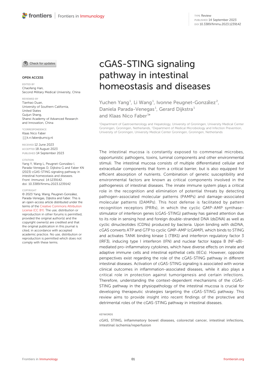 PDF) cGAS-STING signaling pathway in intestinal homeostasis and 