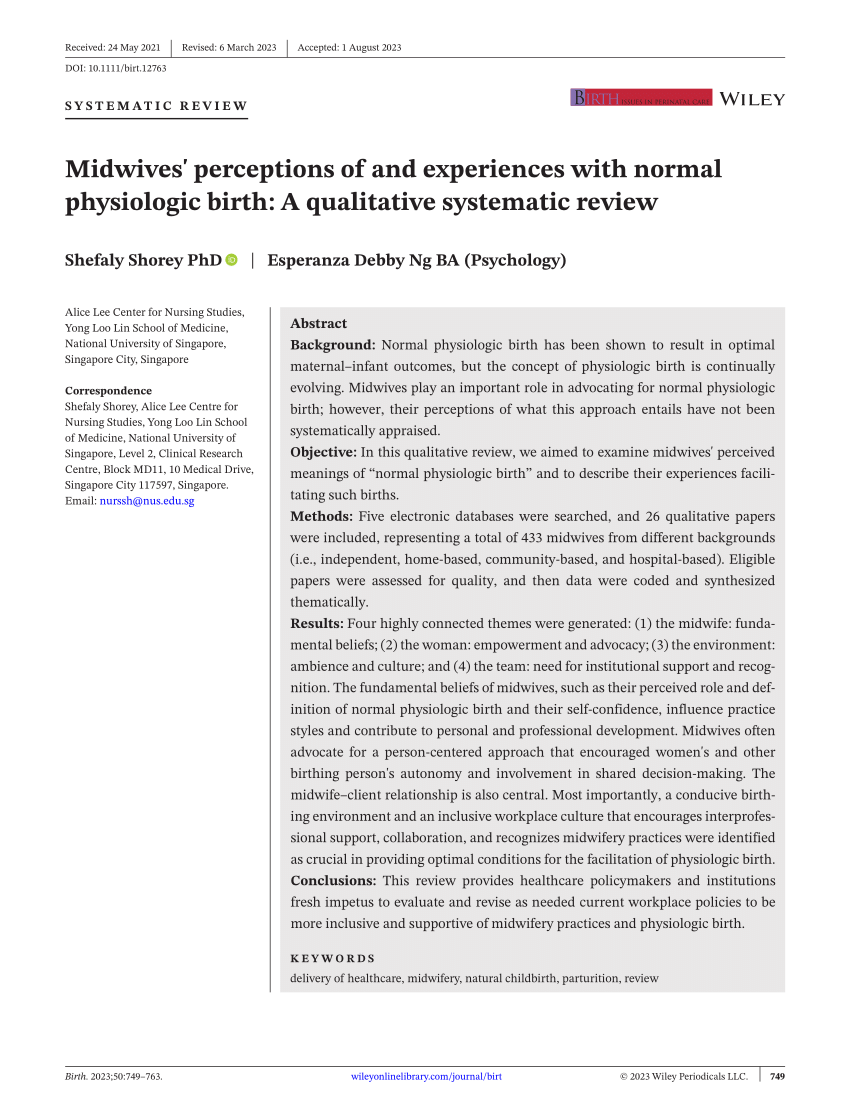 Midwives Perceptions Of And Experiences With Normal Physiologic Birth A Qualitative Systematic 2889