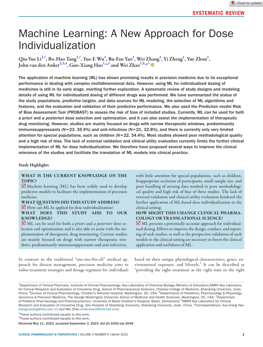 PDF) Machine Learning: A New Approach for Dose Individualization