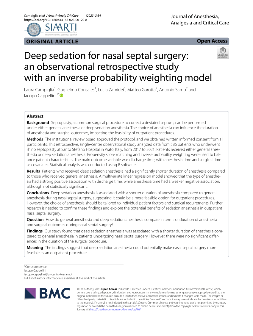 Pdf Deep Sedation For Nasal Septal Surgery An Observational