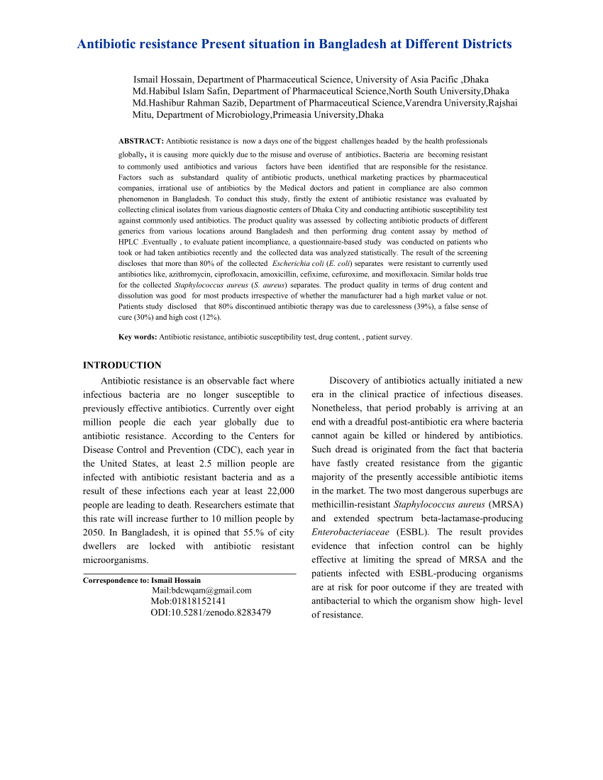 (PDF) Antibiotics Resistance in present situation in Bangladesh