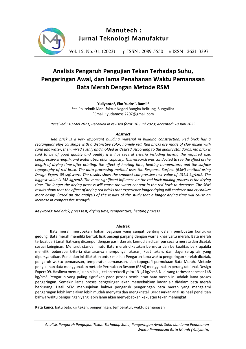 Pdf Analisis Pengaruh Pengujian Tekan Terhadap Suhu Pengeringan Awal Suhu Dan Lama Penahanan 8761