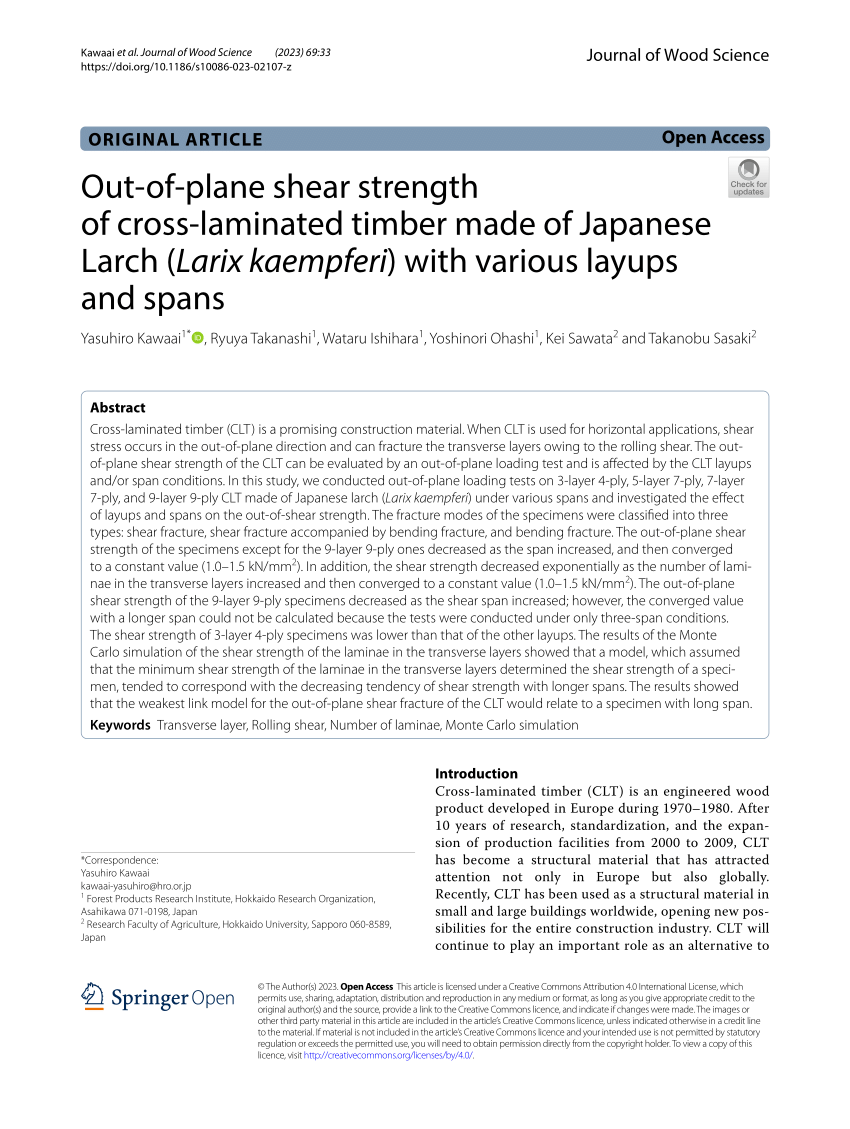 Out-of-plane shear strength of cross-laminated timber made of Japanese  Larch (Larix kaempferi) with various layups and spans, Journal of Wood  Science