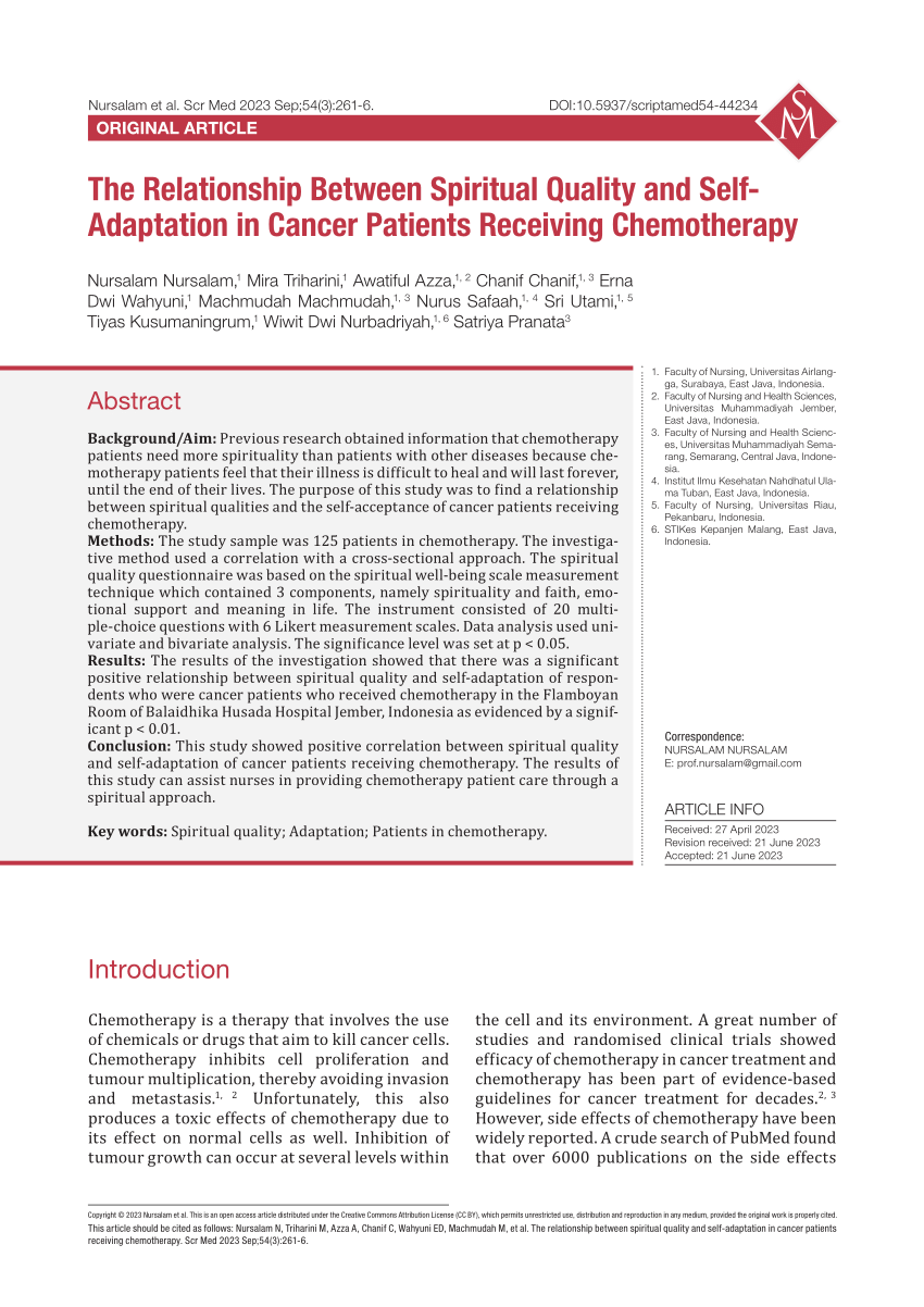 PDF) The Relationship Between Spiritual Quality and Self- Adaptation in Cancer Patients Receiving Chemotherapy image