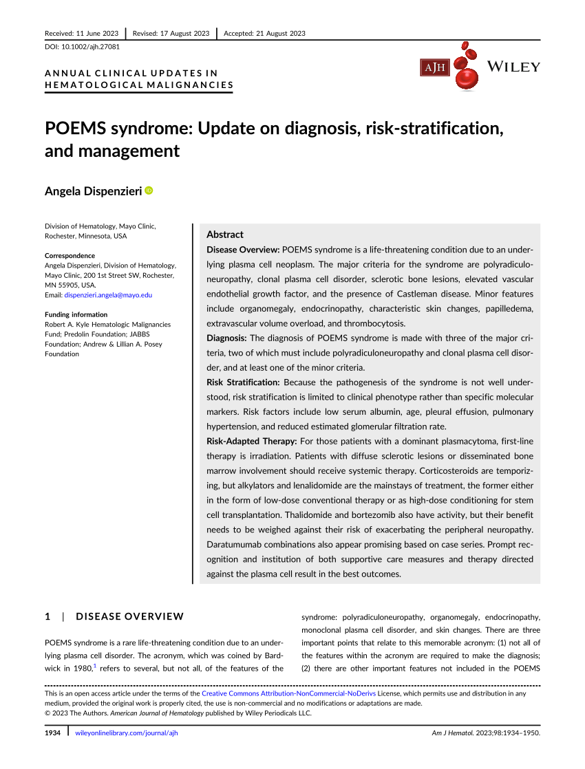 (PDF) POEMS syndrome: Update on diagnosis, risk‐stratification, and ...