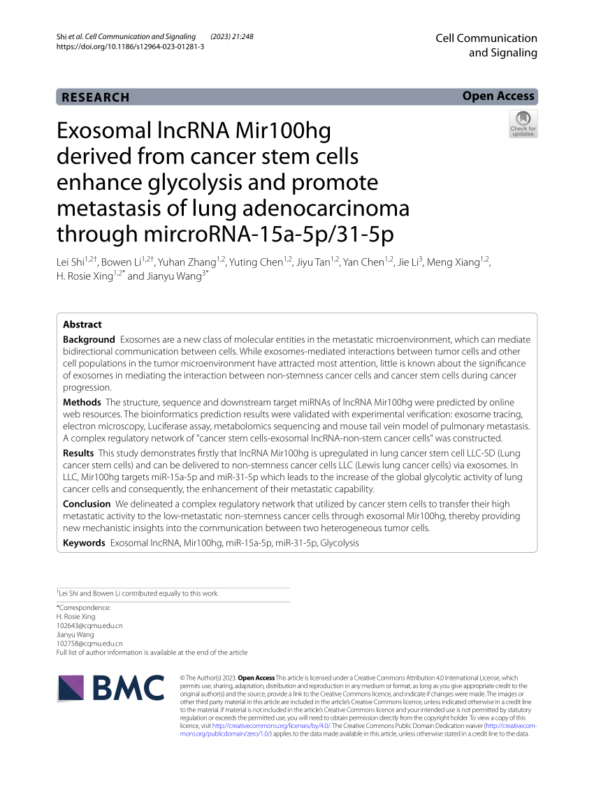 PDF) Exosomal lncRNA Mir100hg derived from cancer stem cells 