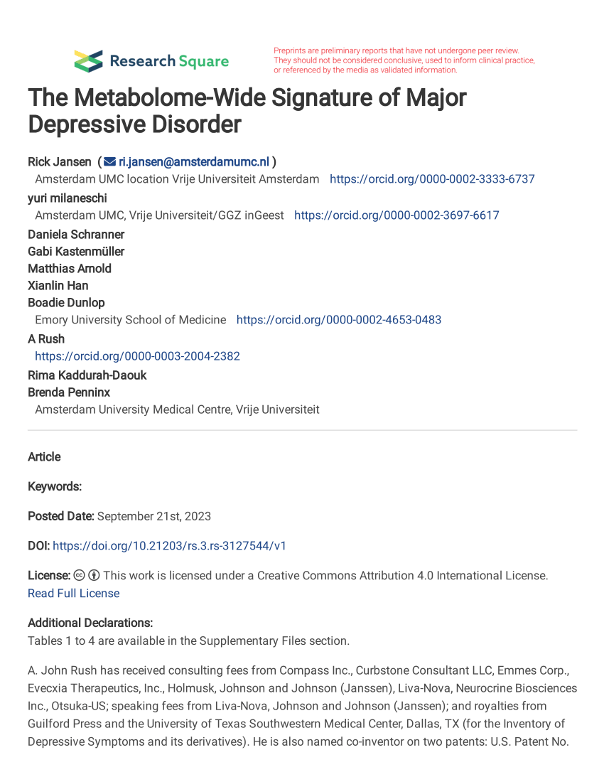 PDF) The Metabolome-Wide Signature of Major Depressive Disorder