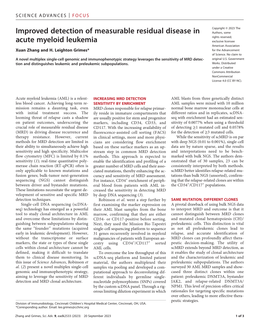 Pdf Improved Detection Of Measurable Residual Disease In Acute Myeloid Leukemia