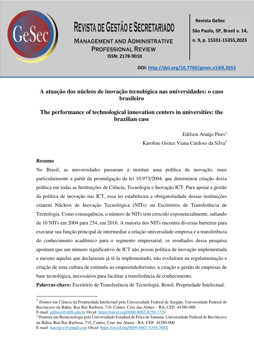 PDF) AVALIANDO A EFICÁCIA DOS NÚCLEOS DE INOVAÇÃO TECNOLÓGICA DAS  INSTITUIÇÕES PÚBLICAS DE CIÊNCIA E TECNOLOGIA