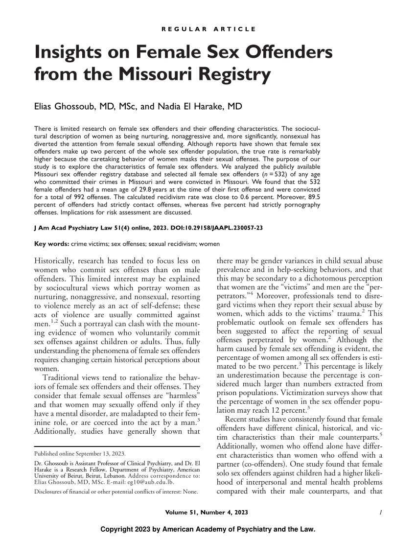 Pdf Insights On Female Sex Offenders From The Missouri Registry 9798