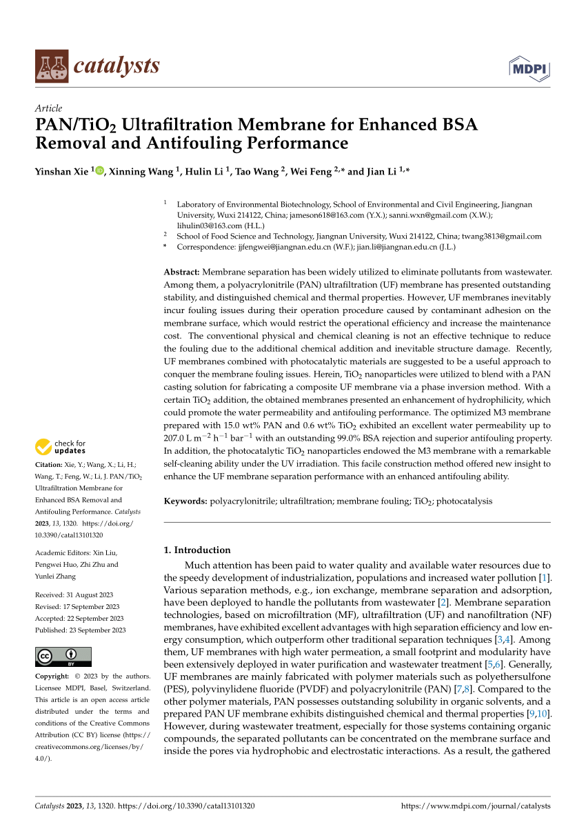 Pdf Pantio2 Ultrafiltration Membrane For Enhanced Bsa Removal And Antifouling Performance 