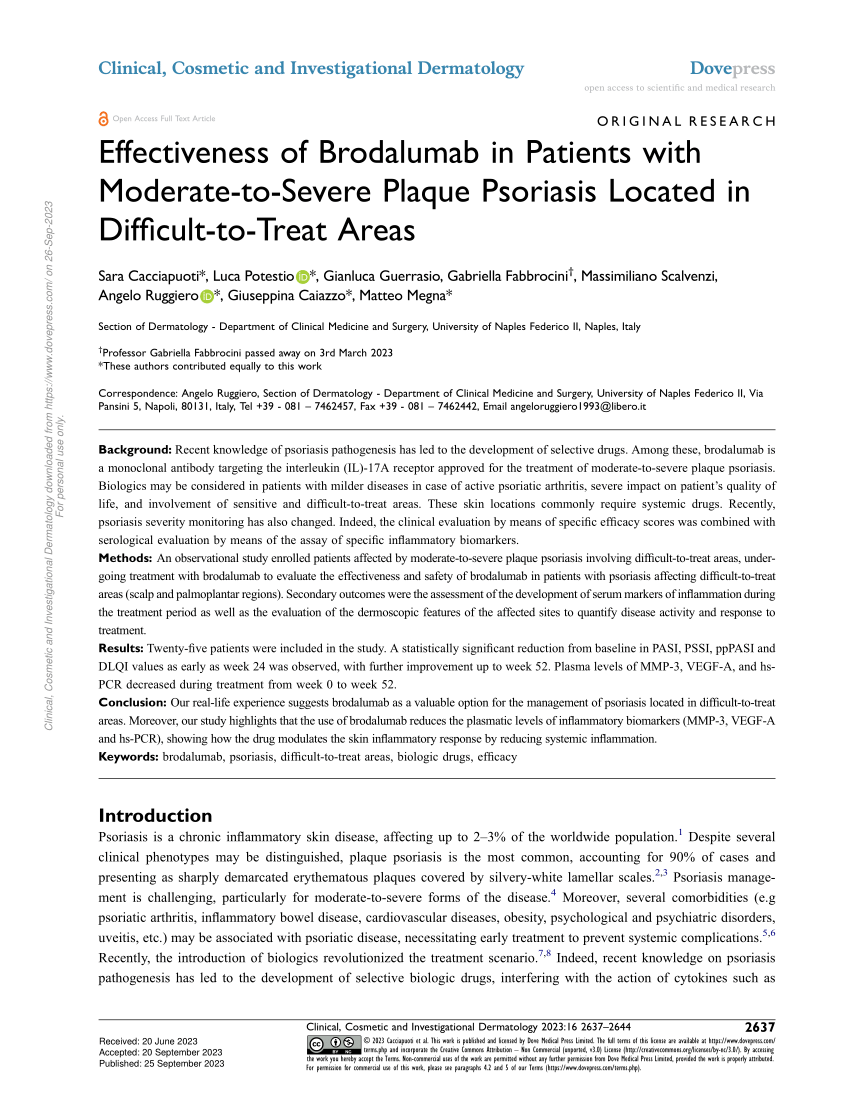 Pdf Effectiveness Of Brodalumab In Patients With Moderate To Severe Plaque Psoriasis Located 