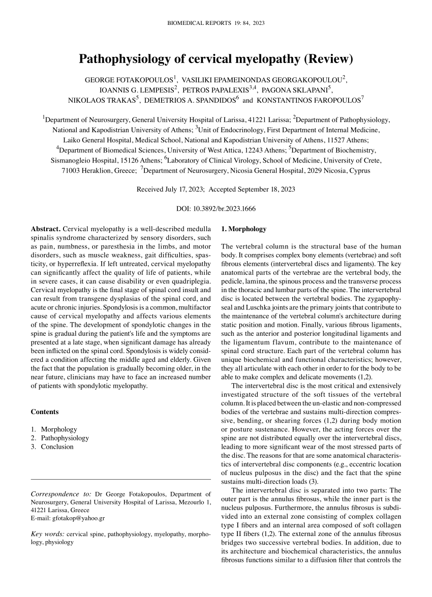 Pdf Pathophysiology Of Cervical Myelopathy Review