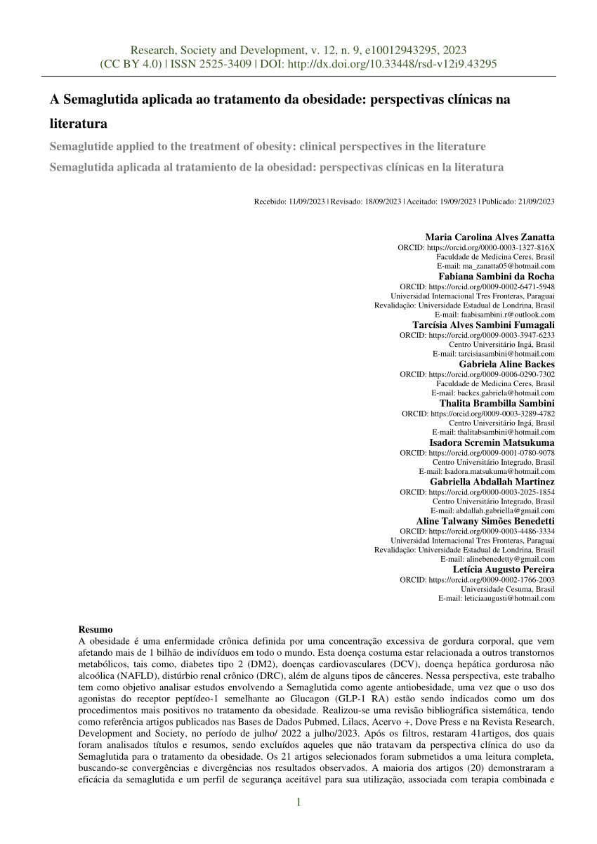 Pdf A Semaglutida Aplicada Ao Tratamento Da Obesidade Perspectivas Clínicas Na Literatura 7892