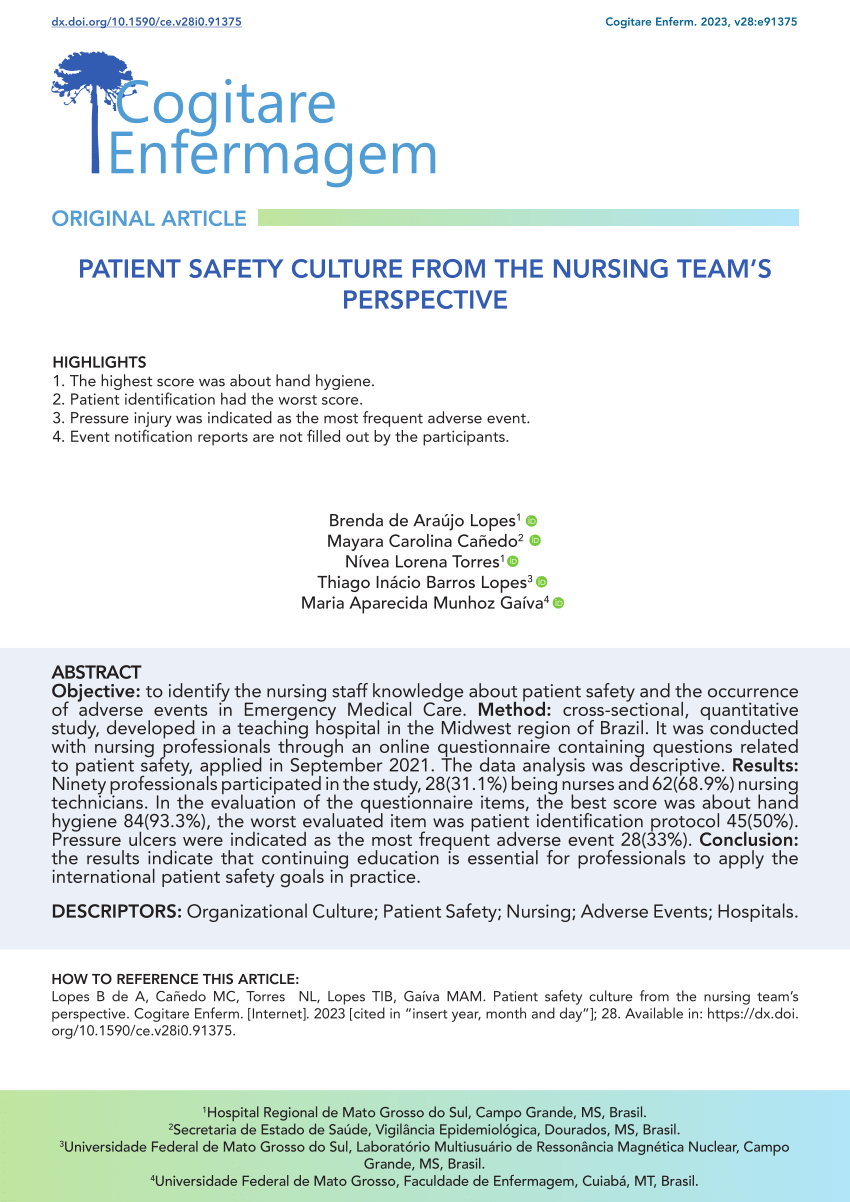 PDF) PATIENT SAFETY CULTURE FROM THE NURSING TEAM'S PERSPECTIVE