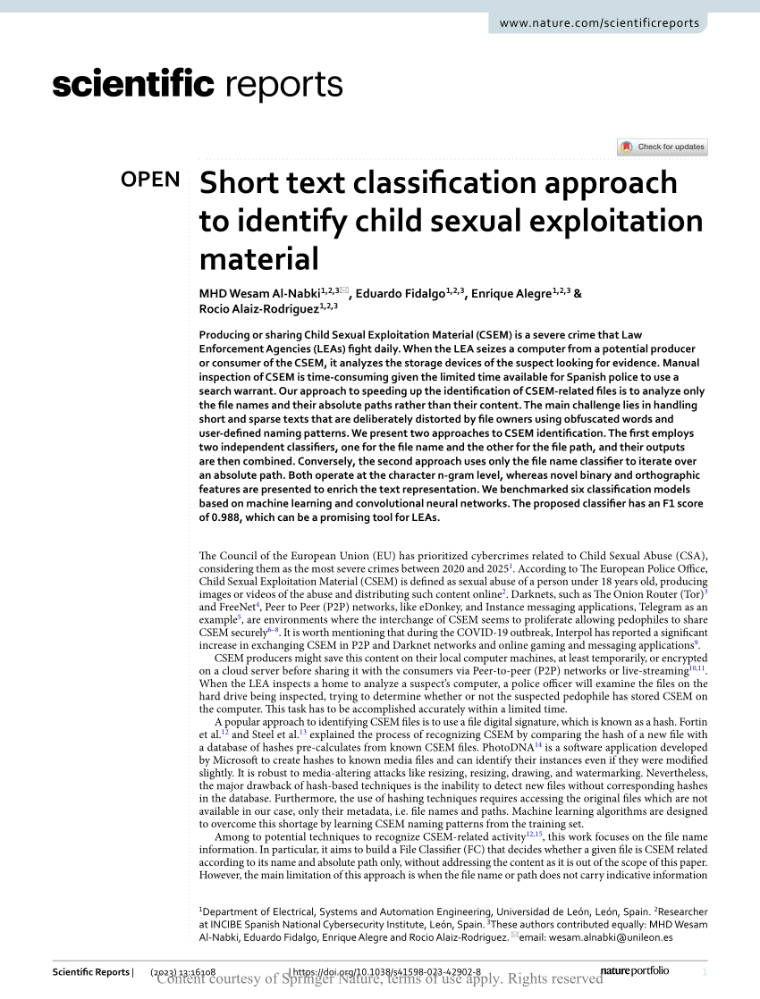 PDF) Short text classification approach to identify child sexual  exploitation material