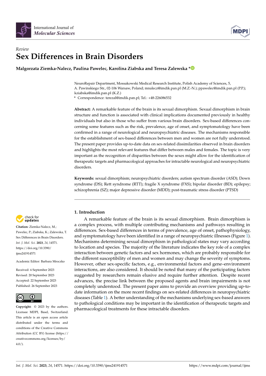 Pdf Sex Differences In Brain Disorders