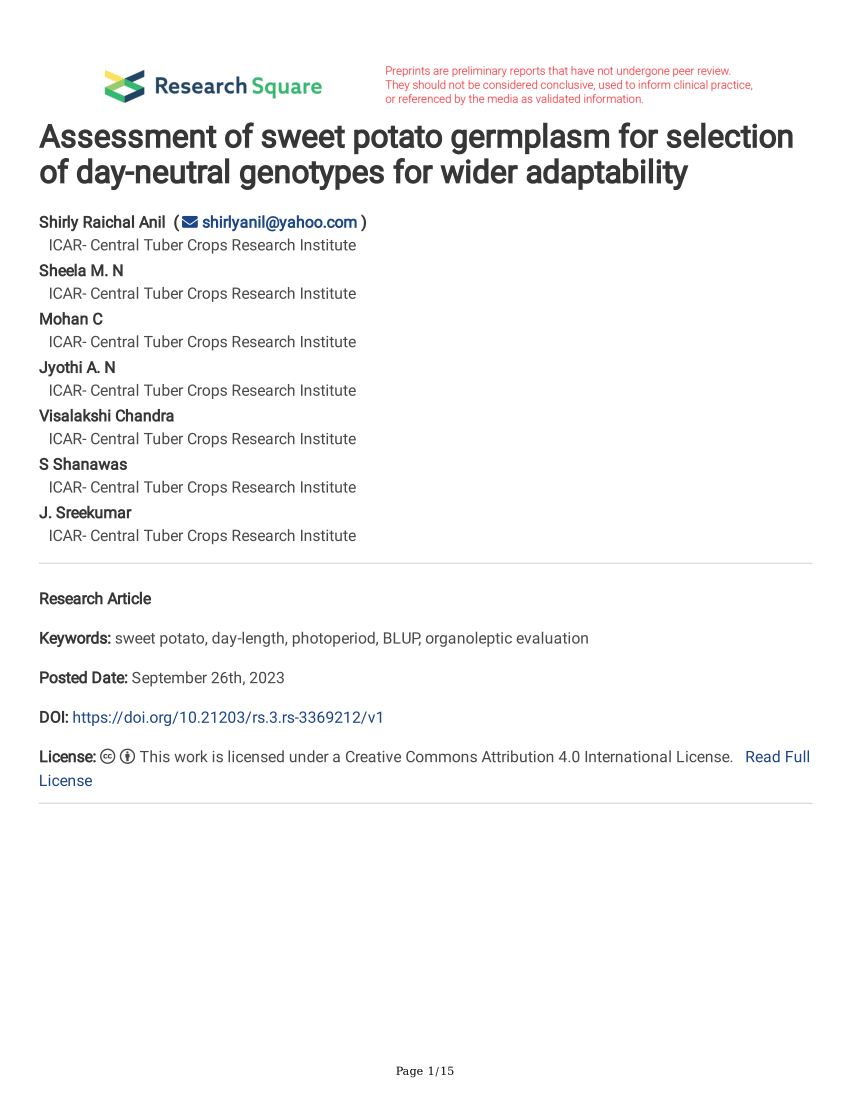 Pdf Assessment Of Sweet Potato Germplasm For Selection Of Day Neutral Genotypes For Wider 