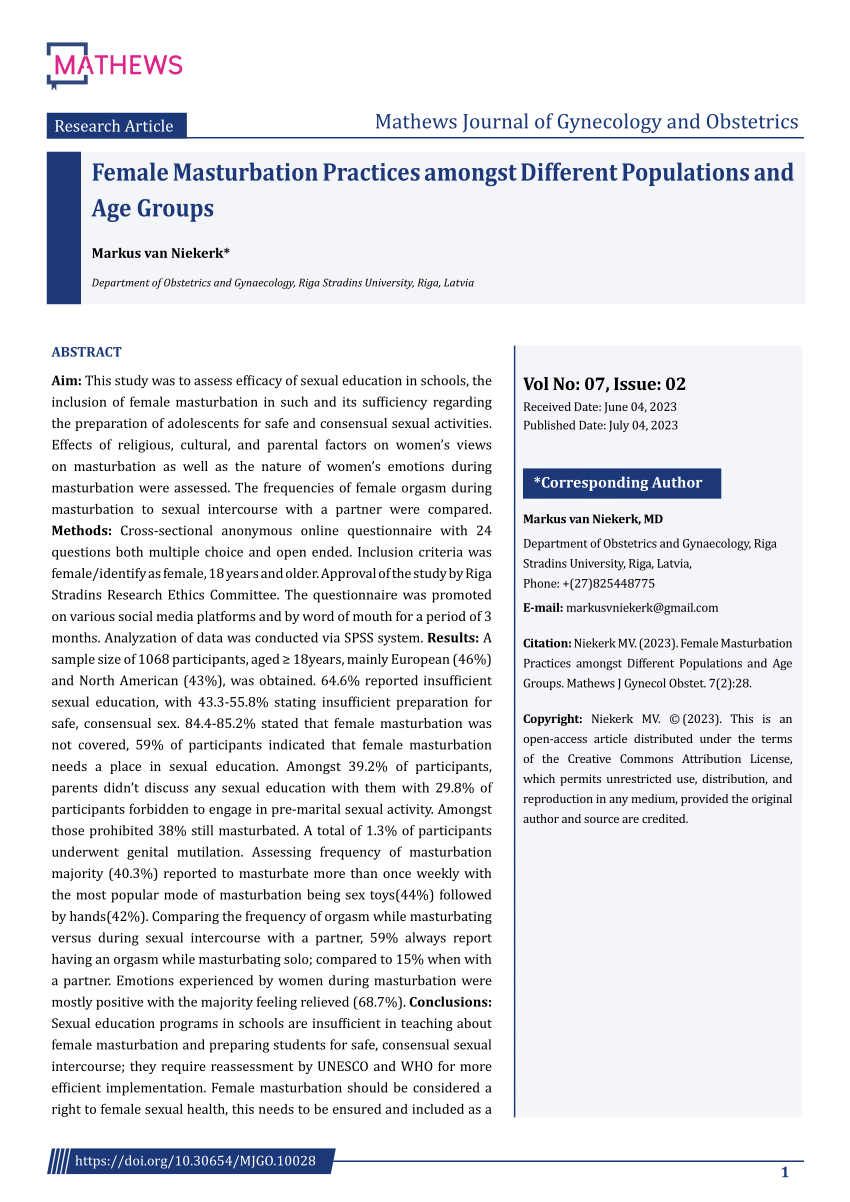 Pdf Female Masturbation Practices Amongst Different Populations And