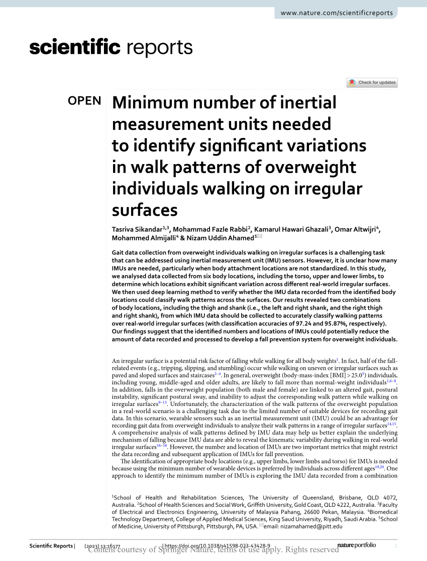 Minimum number of inertial measurement units needed to identify significant  variations in walk patterns of overweight individuals walking on irregular  surfaces