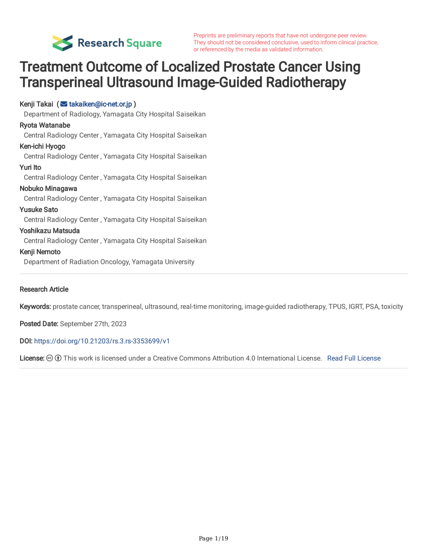 Pdf Treatment Outcome Of Localized Prostate Cancer Using Transperineal Ultrasound Image Guided 2732
