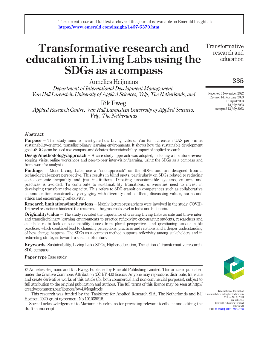 PDF) Transformative research and education in Living Labs using the SDGs as  a compass