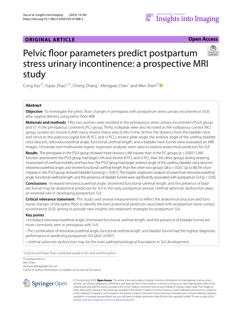 Pelvic floor parameters predict postpartum stress urinary incontinence: a  prospective MRI study, Insights into Imaging