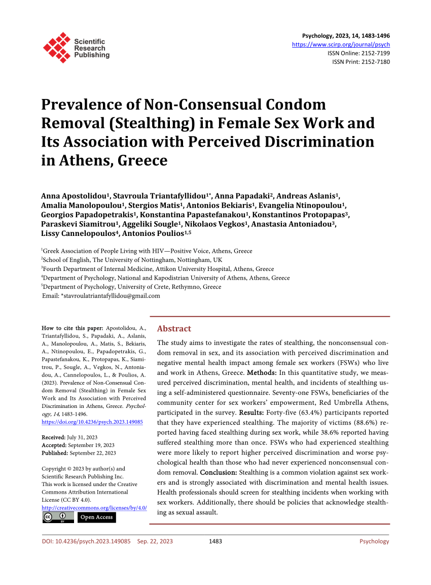 PDF) Prevalence of Non-Consensual Con-dom Removal (Stealthing) in Female Sex  Work and Its Association with Perceived Discrimination in