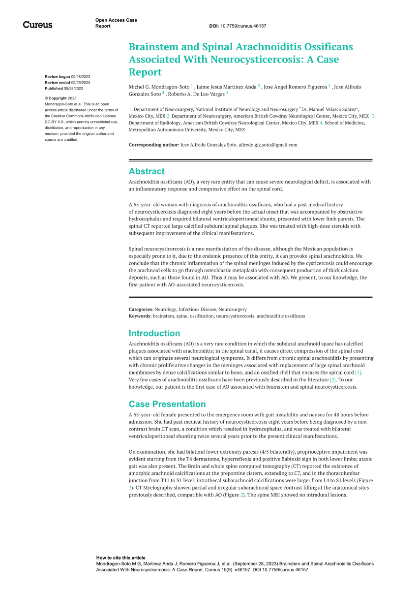 Cureus, Brainstem and Spinal Arachnoiditis Ossificans Associated With  Neurocysticercosis: A Case Report