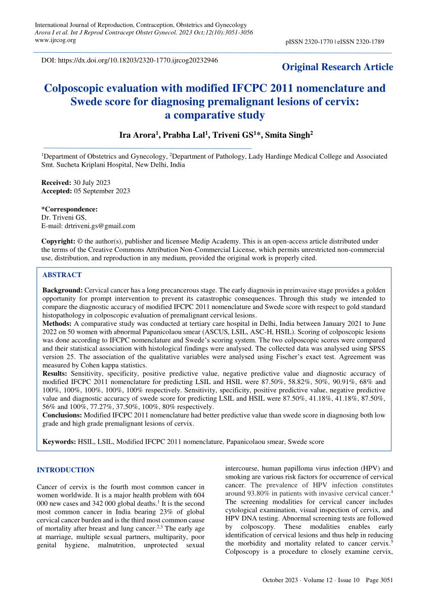 Pdf Colposcopic Evaluation With Modified Ifcpc 2011 Nomenclature And Swede Score For 4819