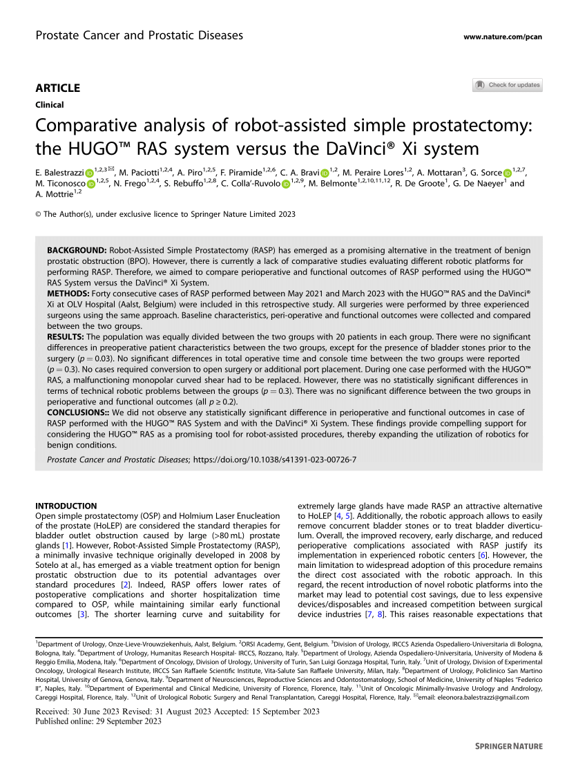 Pdf Comparative Analysis Of Robot Assisted Simple Prostatectomy The Hugo Ras System Versus