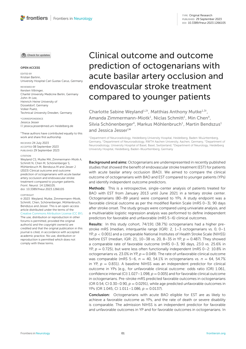 Pdf Clinical Outcome And Outcome Prediction Of Octogenarians With Acute Basilar Artery 7624