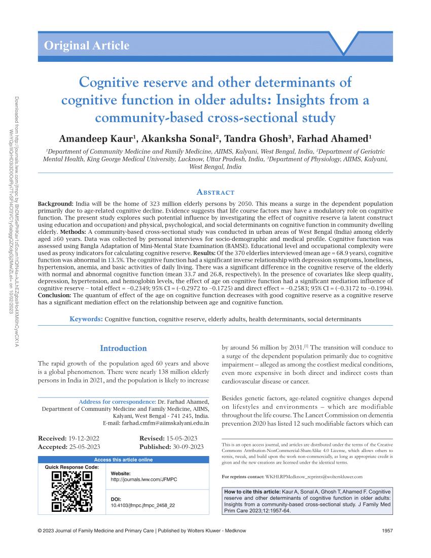 PDF) Cognitive reserve and other determinants of cognitive function in  older adults: Insights from a community-based cross-sectional study