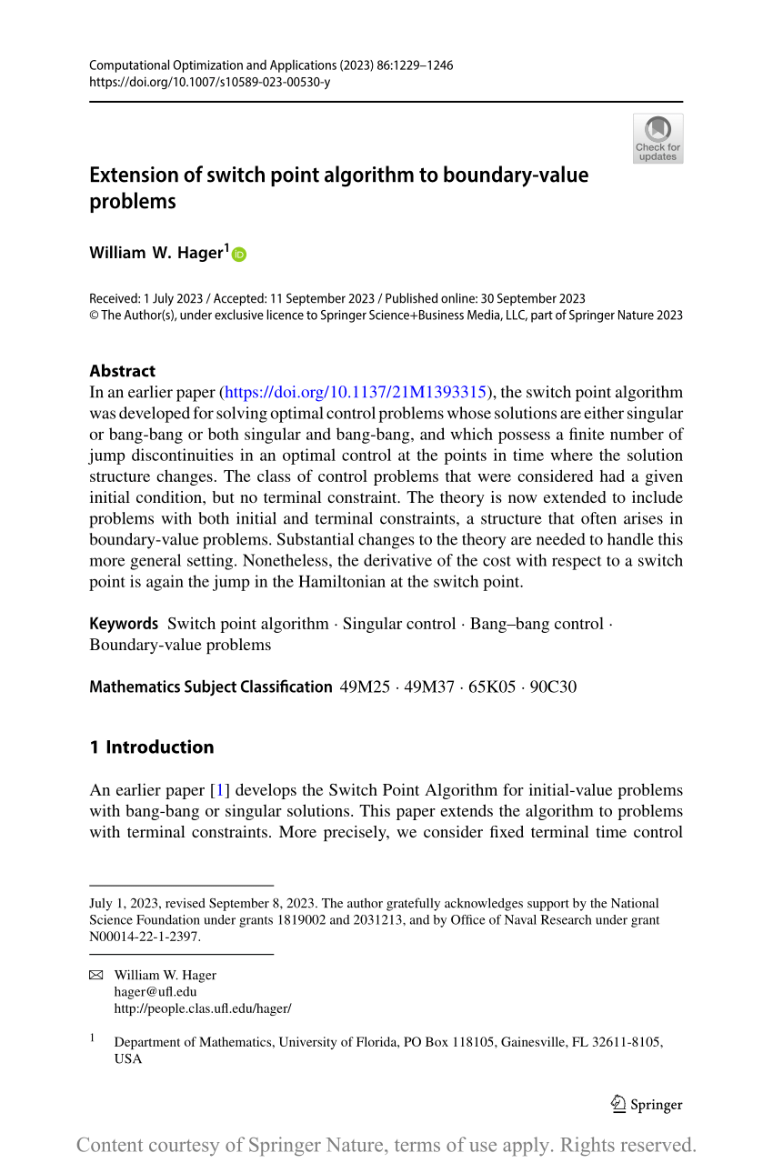 Extension of switch point algorithm to boundaryvalue problems