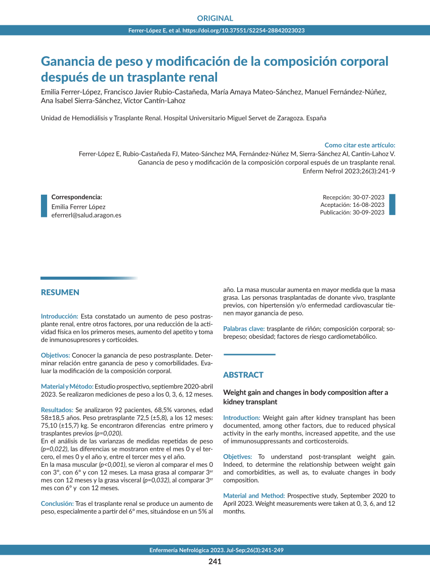 PDF) Ganancia de peso y modificación de la composición corporal después de  un trasplante renal