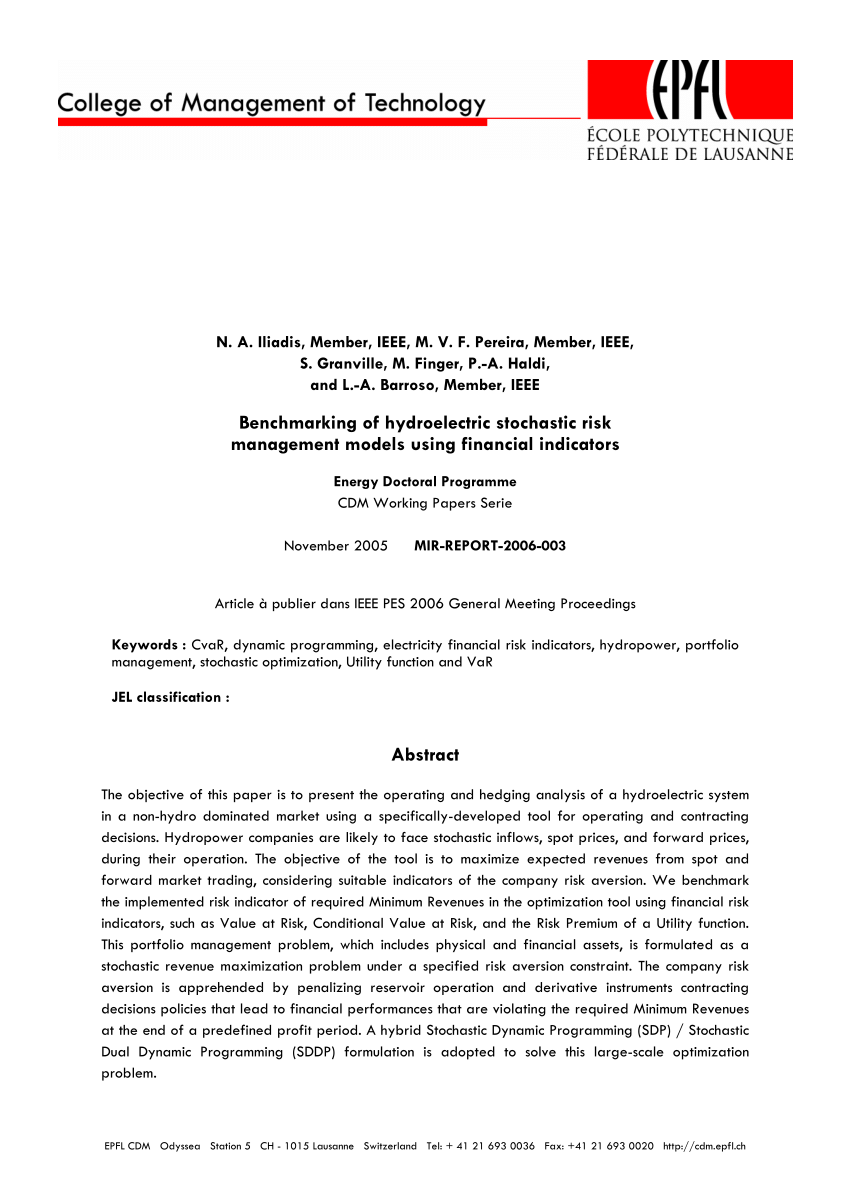 Pdf Benchmarking Of Hydroelectric Stochastic Risk Management Models Using Financial Indicators