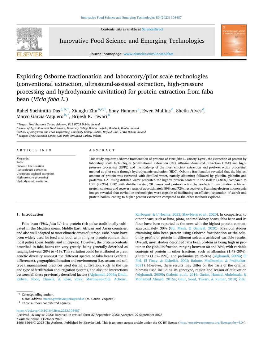 Exploring Osborne fractionation and laboratory/pilot scale technologies  (conventional extraction, ultrasound-assisted extraction, high-pressure  processing and hydrodynamic cavitation) for protein extraction from faba  bean (Vicia faba L.) - ScienceDirect