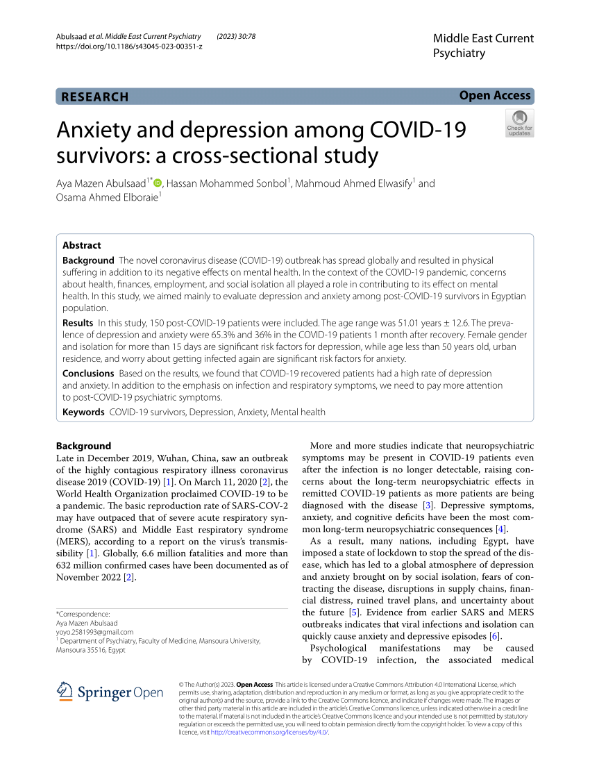 PDF Anxiety and depression among COVID 19 survivors a cross  