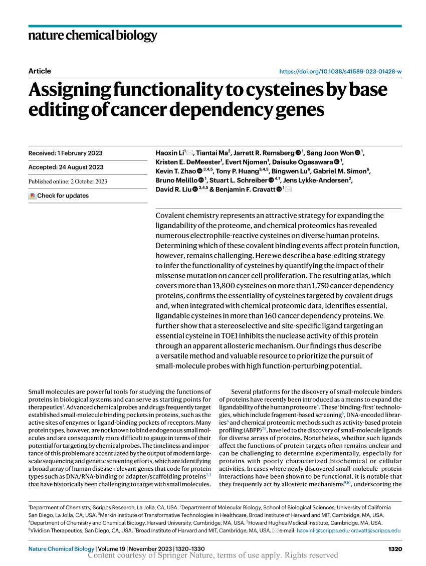 Assigning functionality to cysteines by base editing of cancer