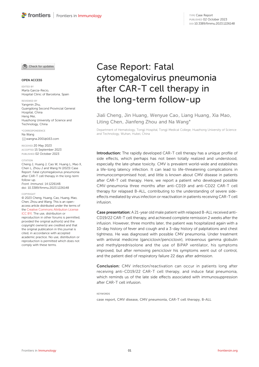 Pdf Case Report Fatal Cytomegalovirus Pneumonia After Car T Cell