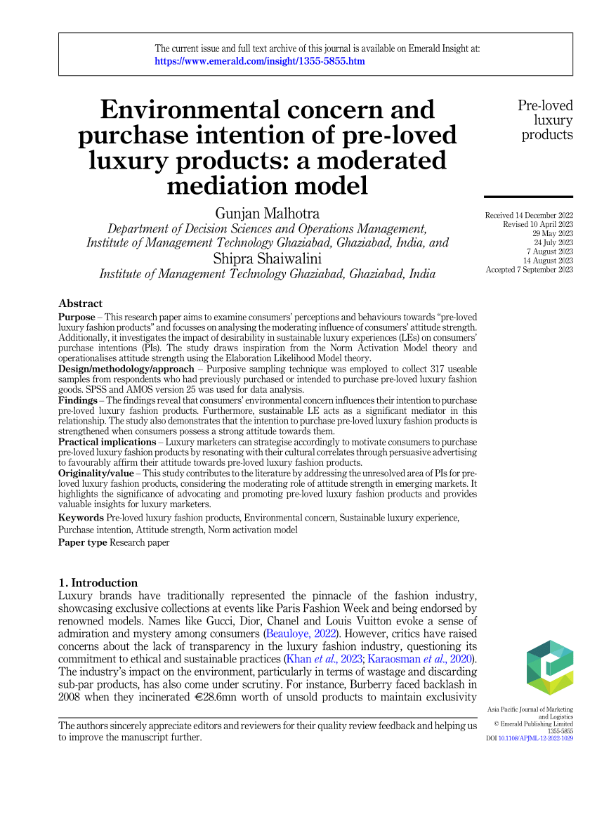 PDF) Environmental concern and purchase intention of pre-loved luxury  products: a moderated mediation model
