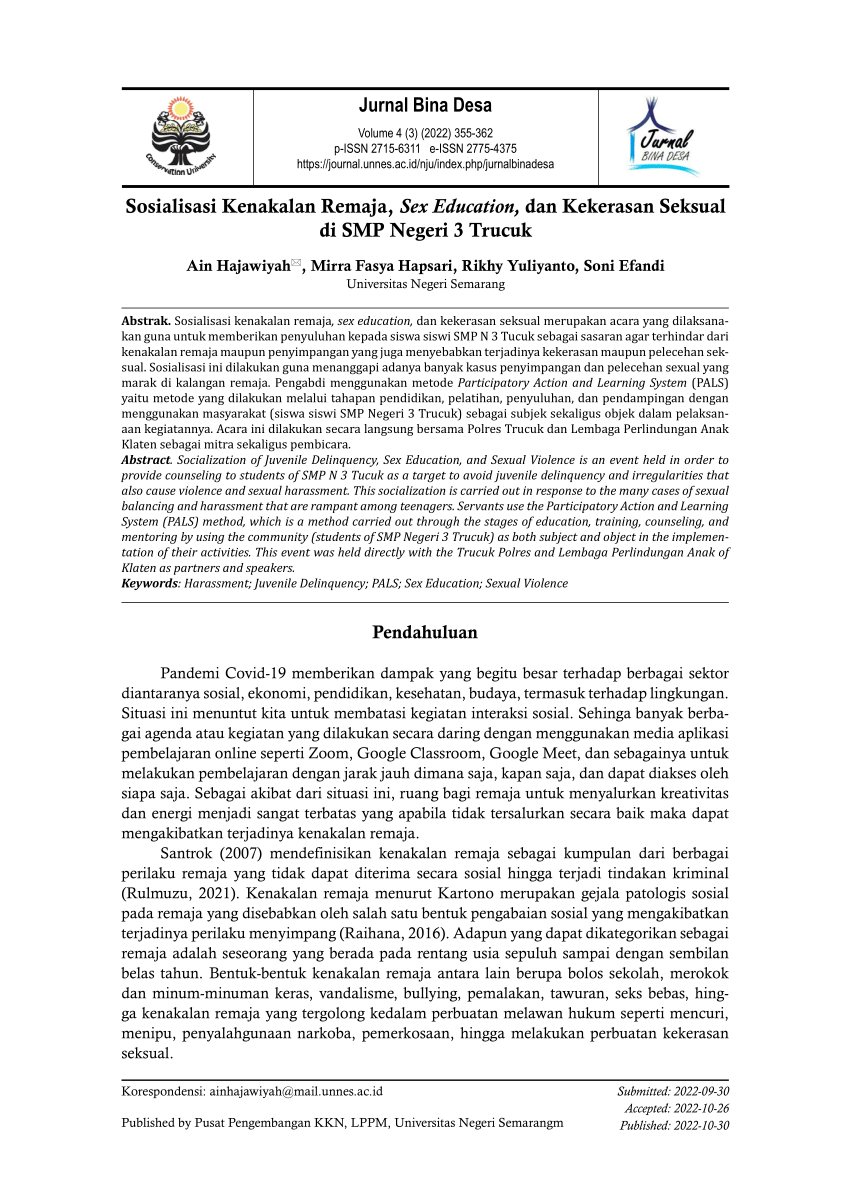 Pdf Sosialisasi Kenakalan Remaja Sex Education Dan Kekerasan Seksual Di Smp Negeri 3 Trucuk 